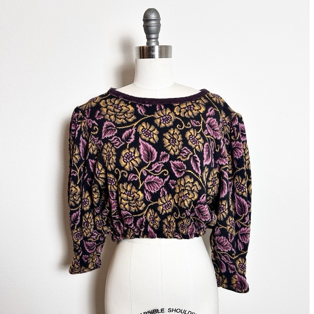 Free People Floral Knit Tie Open Back Cropped Purple Black  Blouse 100% Cotton M